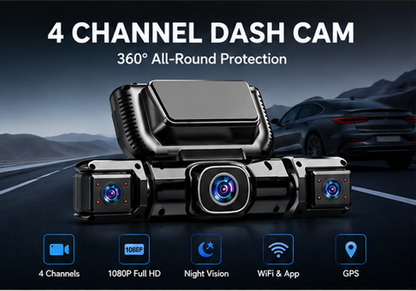 4 Channel 360° Dash Cam 1080P Full HD, WiFi, GPS, Night Vision & 24H Parking Monitor