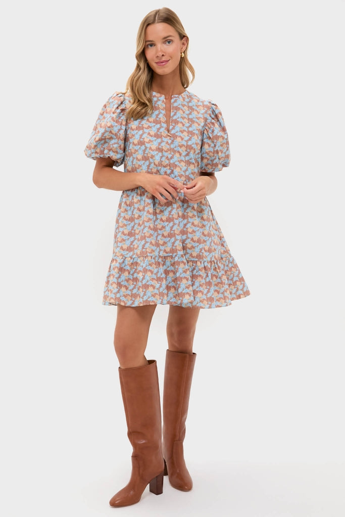 Brown & Powder Blue Floral Zip Front Ellie Mini Dress