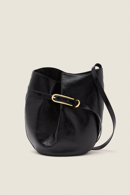 Black Glossy Belted Bucket Bag