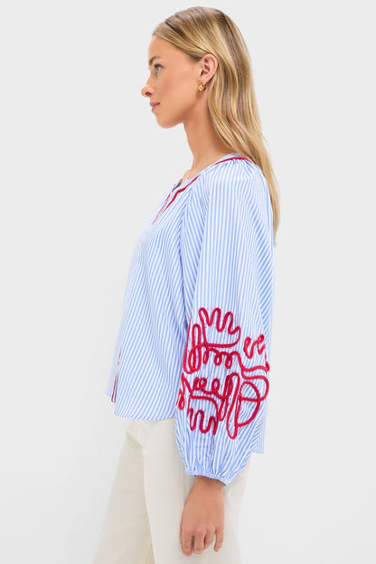 Blue Stripe & Red Soutache Stella Blouse