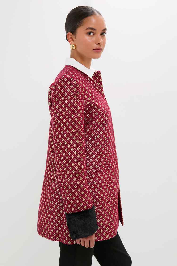 Burgundy and Gold Lea Geom Fur Jacket