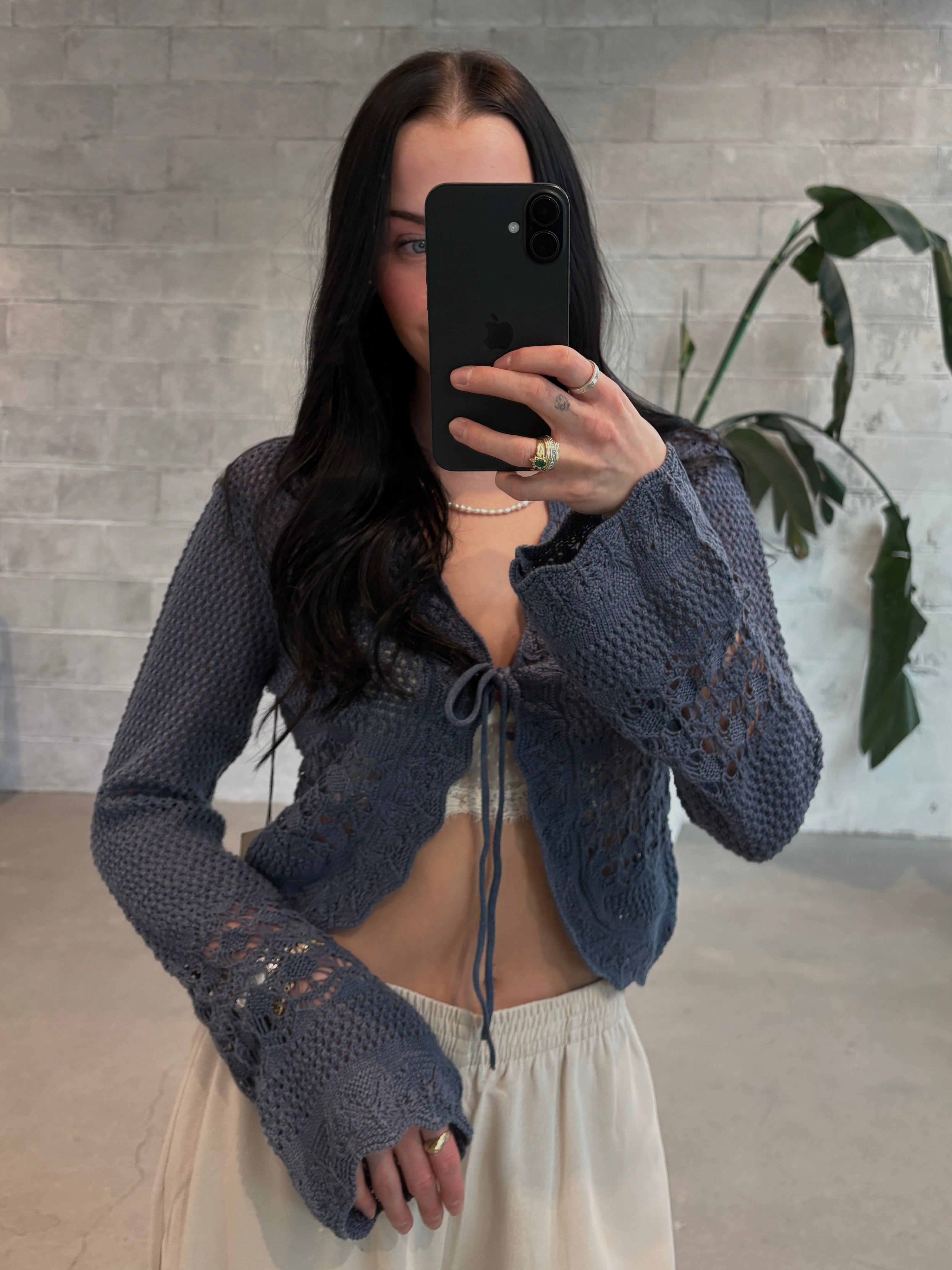 ROOM 34 Tie Front Crochet Cardigan