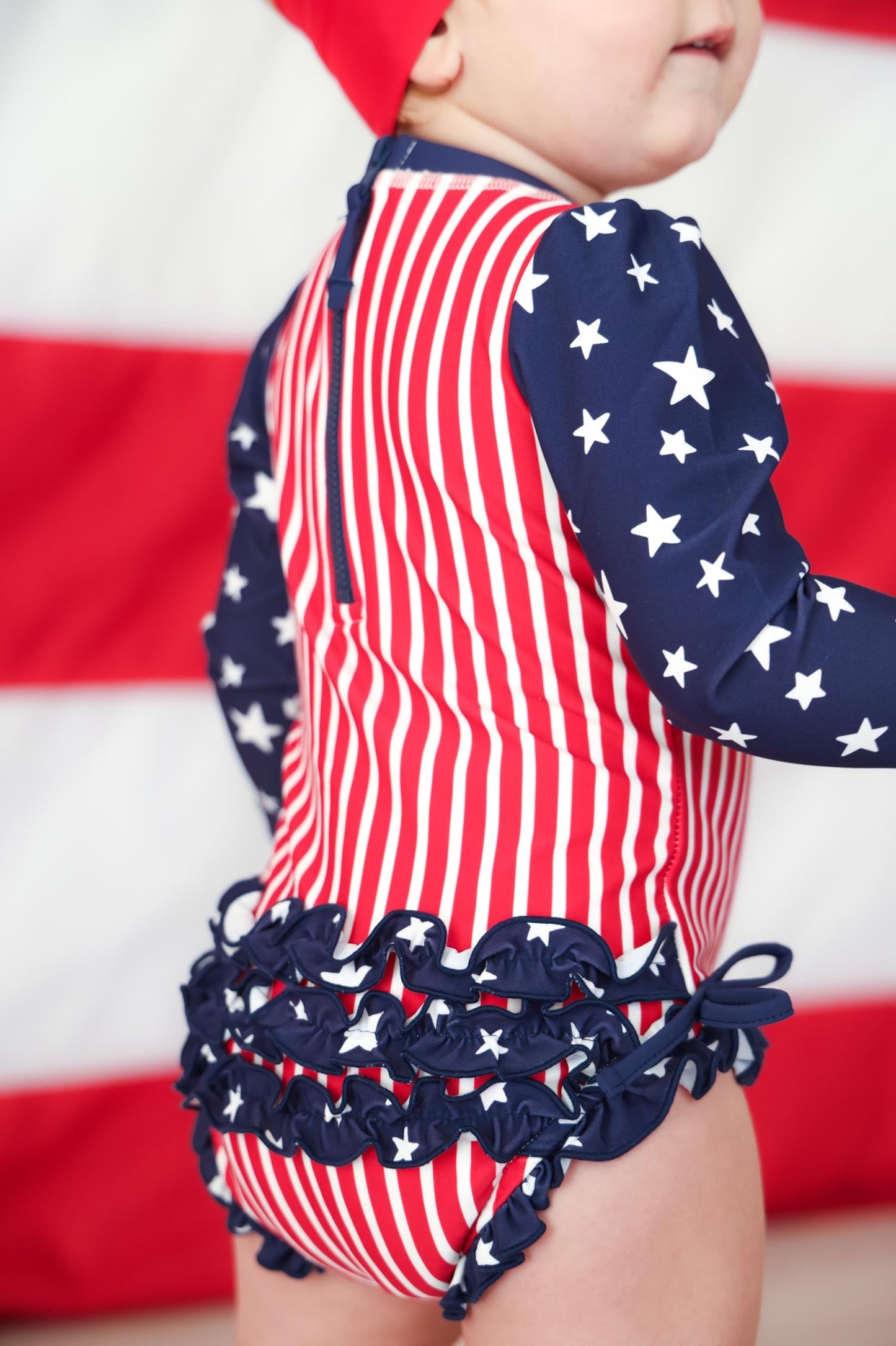 Long Sleeve Rash Guard With Ruffle Bottom | Stars & Stripes Party