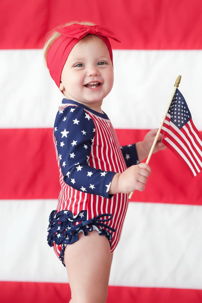 Long Sleeve Rash Guard With Ruffle Bottom | Stars & Stripes Party