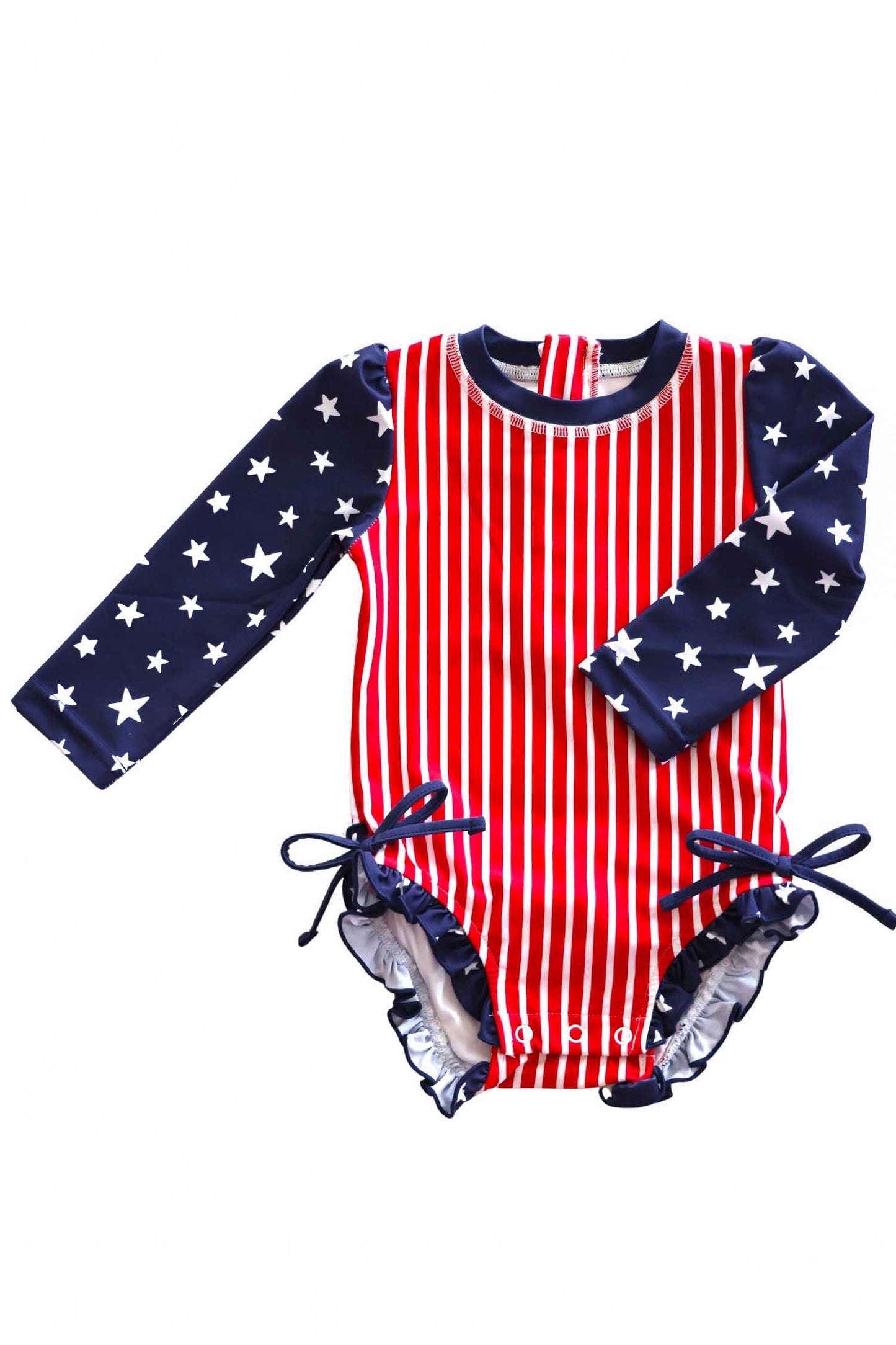 Long Sleeve Rash Guard With Ruffle Bottom | Stars & Stripes Party