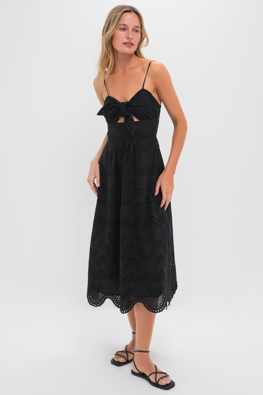 Black Eyelet Tie Front Sanibel Midi Dress
