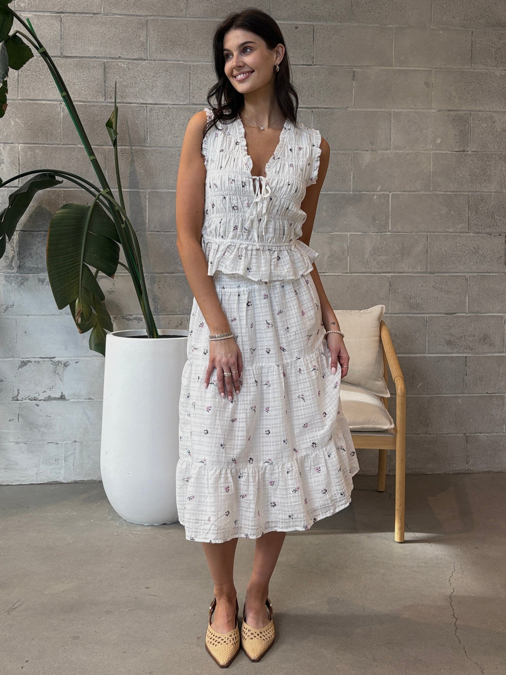 DEX Smocked Tie Front Top