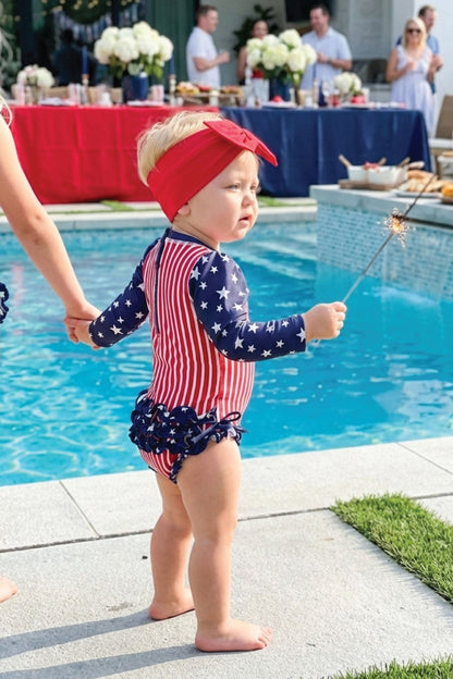 Long Sleeve Rash Guard With Ruffle Bottom | Stars & Stripes Party