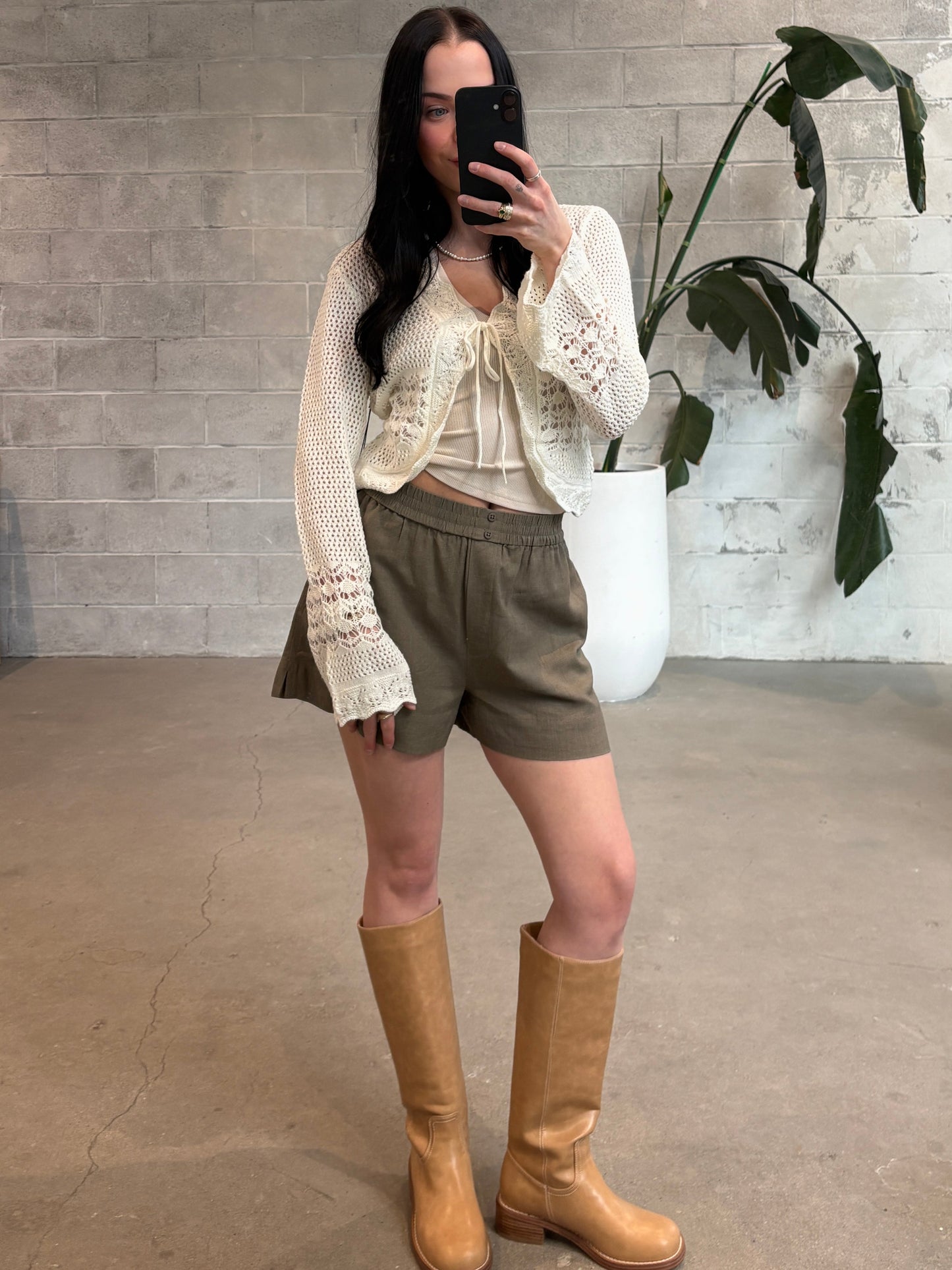 ROOM 34 Tie Front Crochet Cardigan