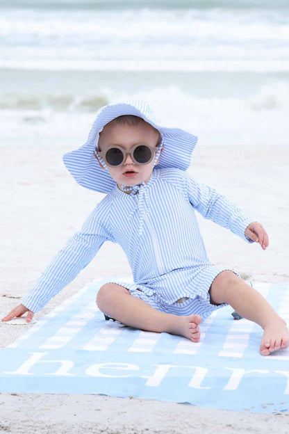 Long Sleeve Rash Guard Swim Romper Shortie | Seersucker Blue