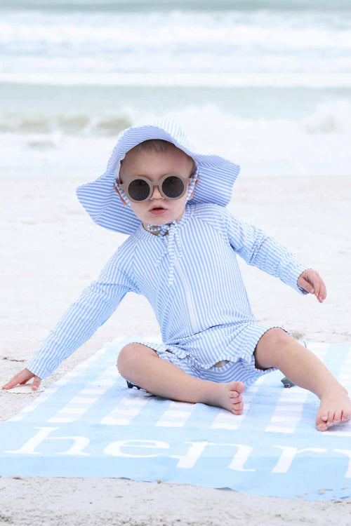 Long Sleeve Rash Guard Swim Romper Shortie | Seersucker Blue