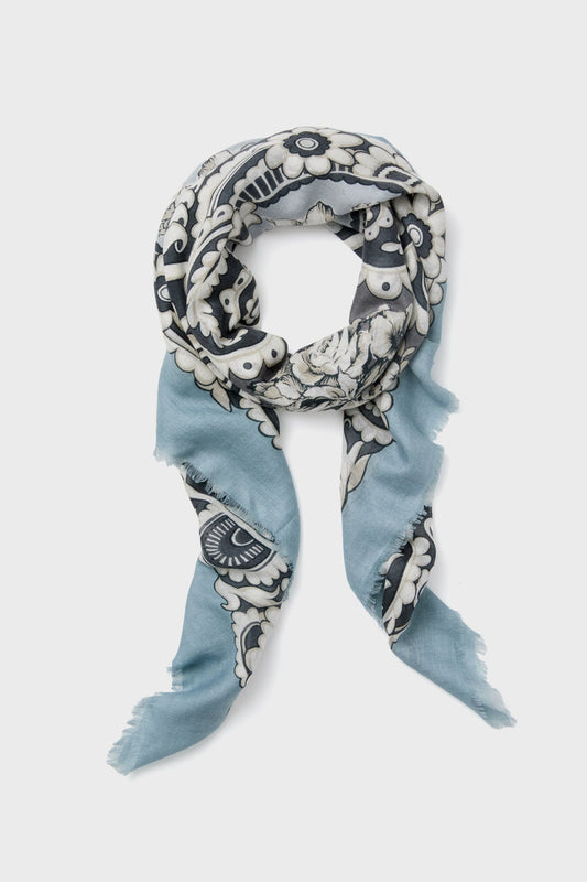 Blue Filigree Silk Cashmere Blend Large Scarf