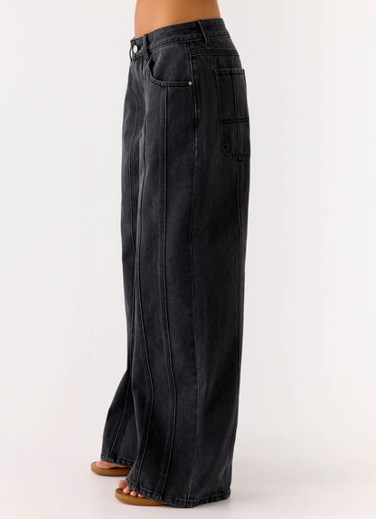 Johnny Low Rise Wide Leg Denim Jeans - Grey Charcoal