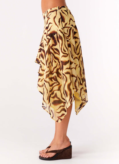 Kia Low Rise Asymmetrical Midi Skirt - Laguna Print