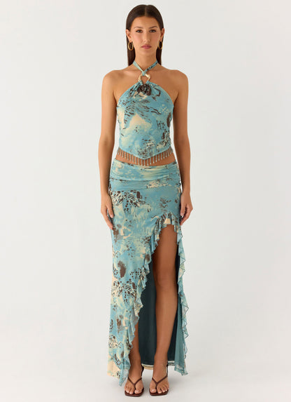 Lloyd Beaded Halter Top - Aqua Blur