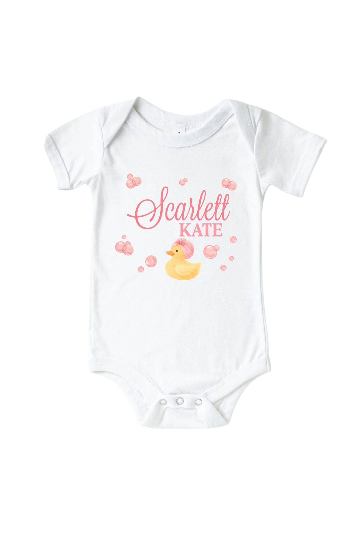 Personalized Bubble Duckie Pink Graphic Bodysuit & Kids Tee | White