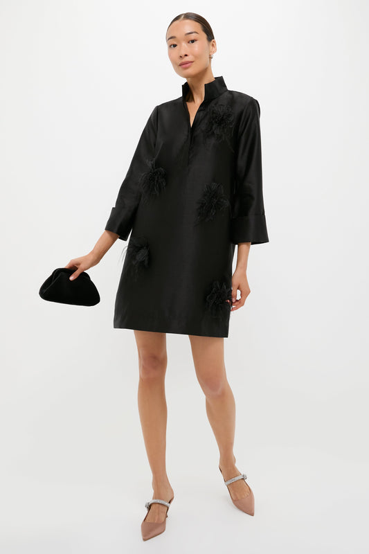 Black Embellished Dupioni Megan Dress