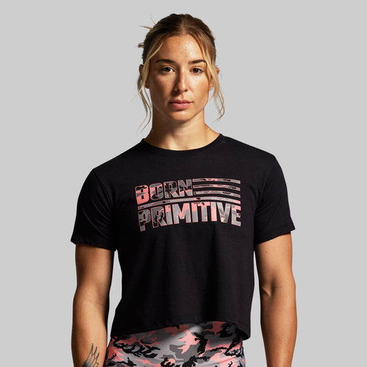 BP Flag Crop Tee (Black/Pink Woodland)