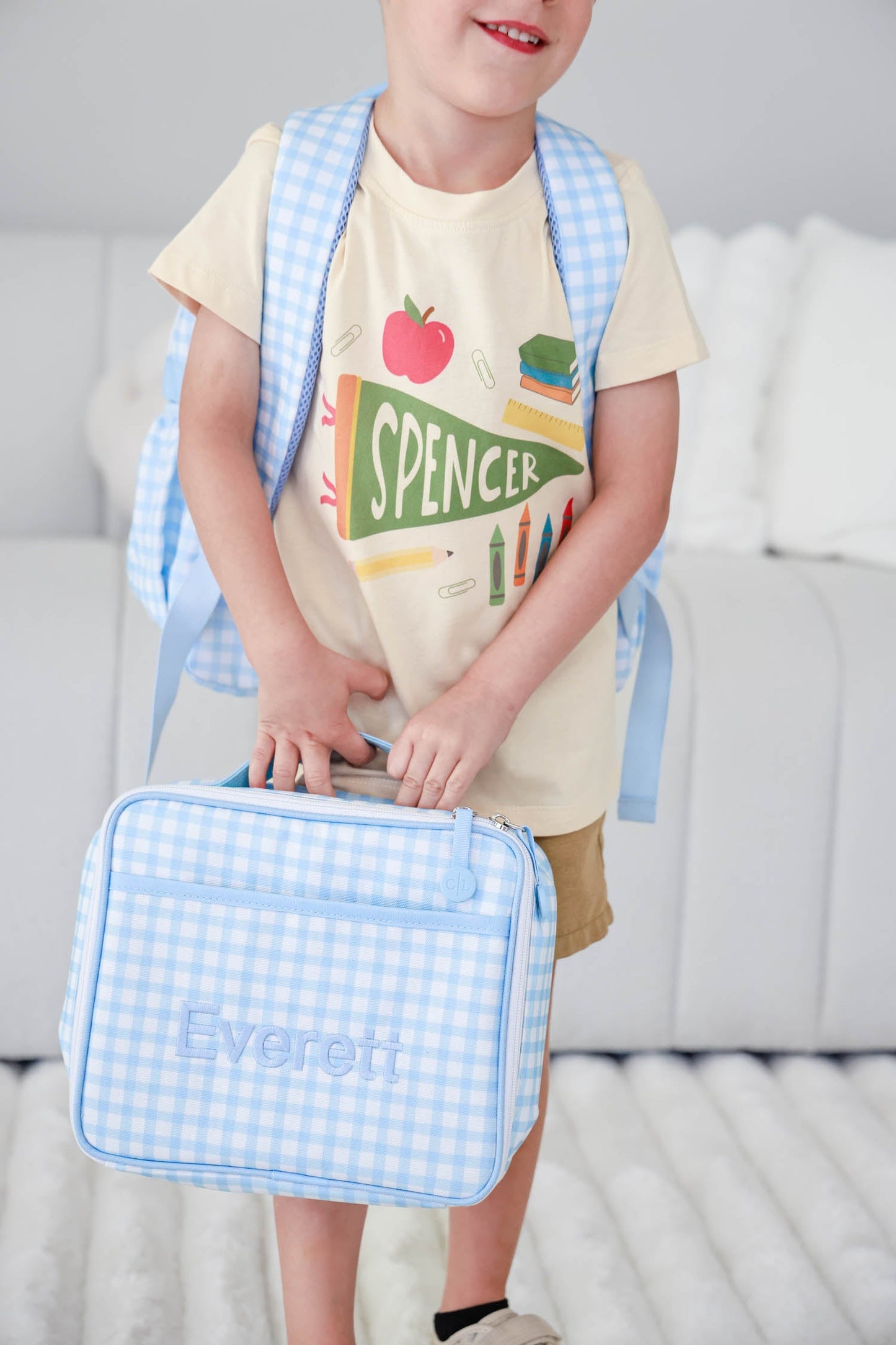 Kids Embroidered Lunchbox | Blue Gingham
