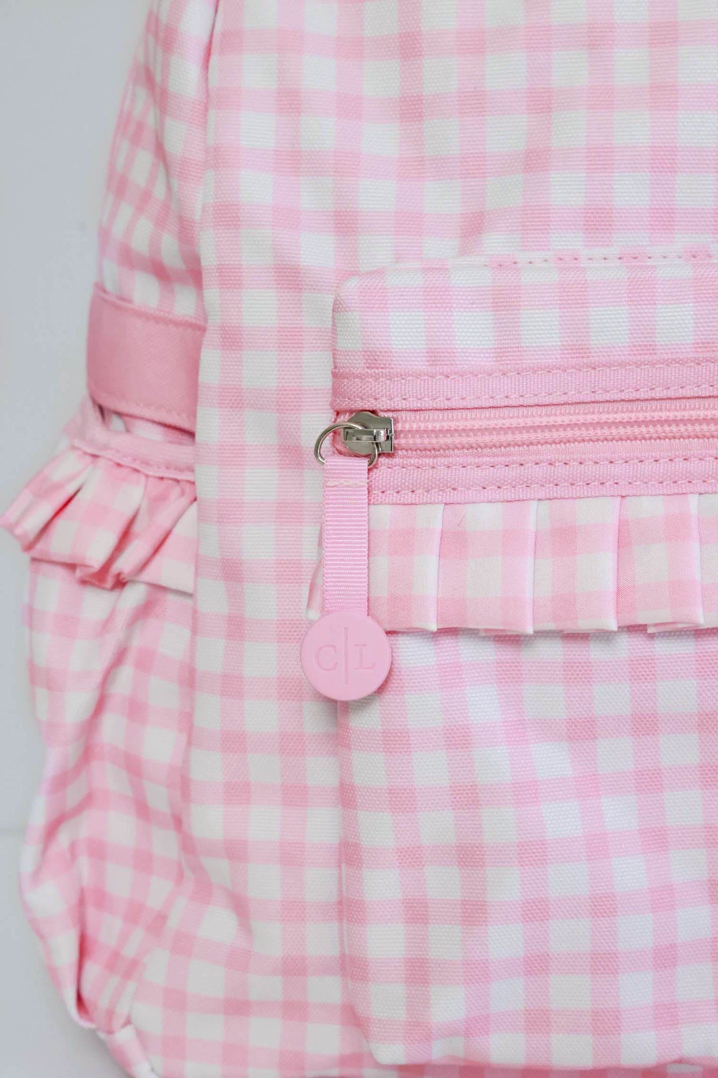 Kids Embroidered Ruffle Backpack | Pink Gingham