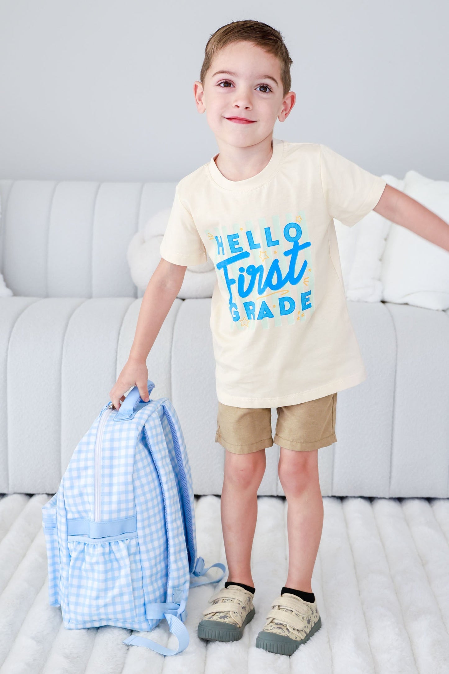 Kids Embroidered Backpack | Blue Gingham