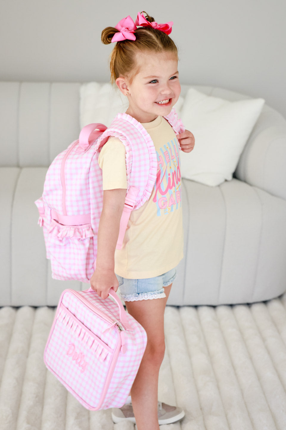 Kids Embroidered Ruffle Lunchbox | Pink Gingham