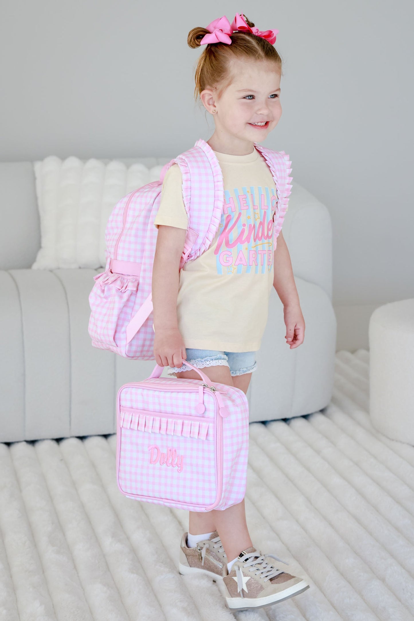 Kids Embroidered Ruffle Lunchbox | Pink Gingham