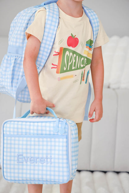 Kids Embroidered Lunchbox | Blue Gingham