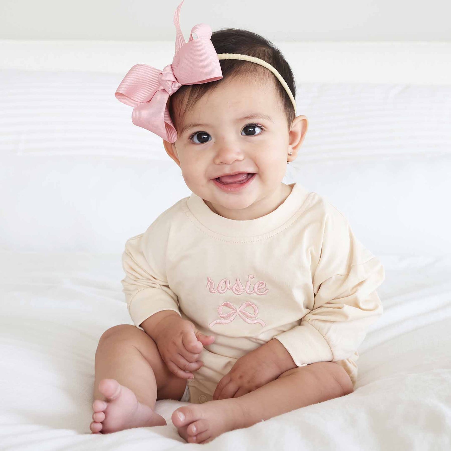 Embroidered Bow Long Sleeve Bubble Romper | Natural