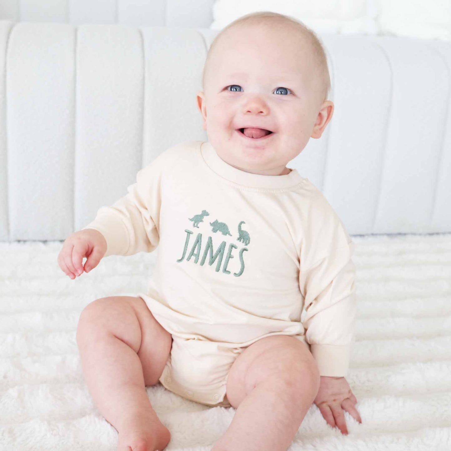 Embroidered Dinosaur Long Sleeve Bubble Romper | Natural