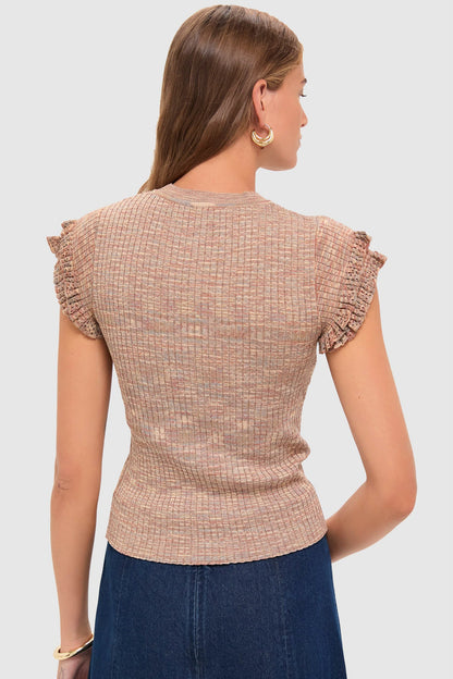 Brown Rowe Crewneck Flutter Sleeve Knit Top