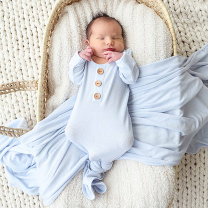 Ice Blue Bamboo Waffle Newborn Baby Knot Gown & Hat Set