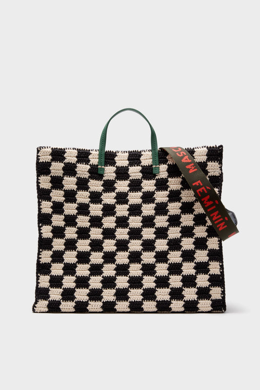 Black and Cream Crochet Checker Summer Simple Tote