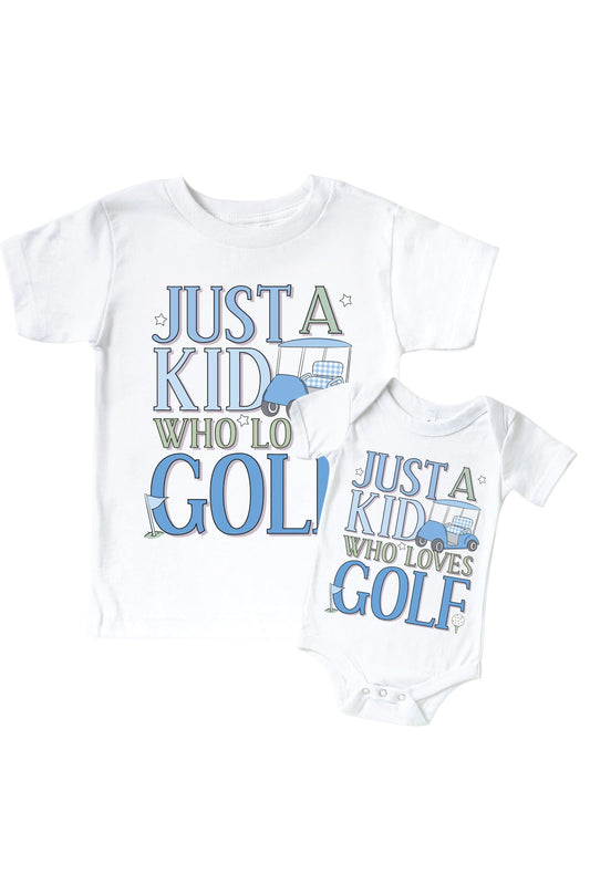 A Kid With Golf Love Blue Graphic Bodysuit & Kids Tee | White