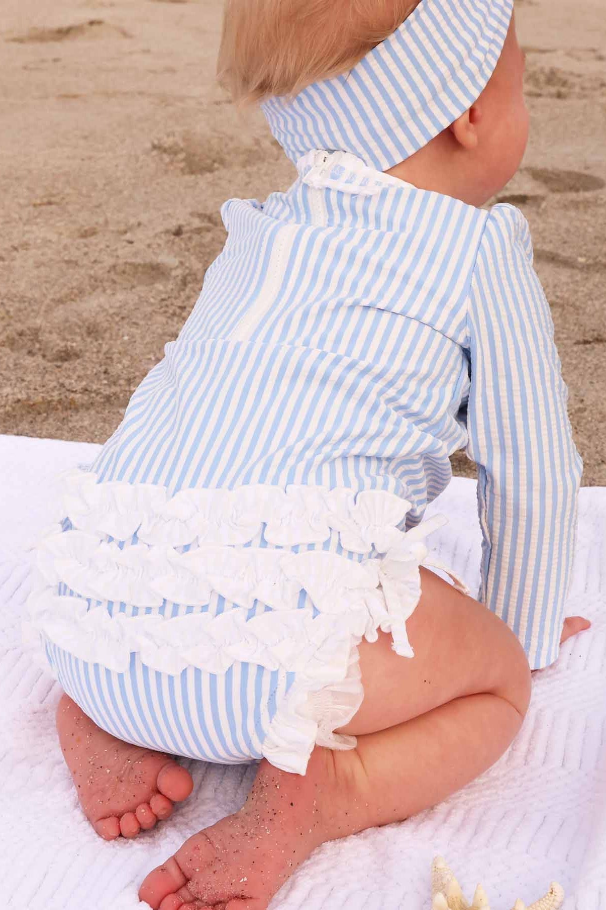 Long Sleeve Rash Guard With Ruffle Bottom | Seersucker Blue