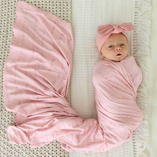 Personalized Light Rose on Pink Baby Name Swaddle Blanket - Script