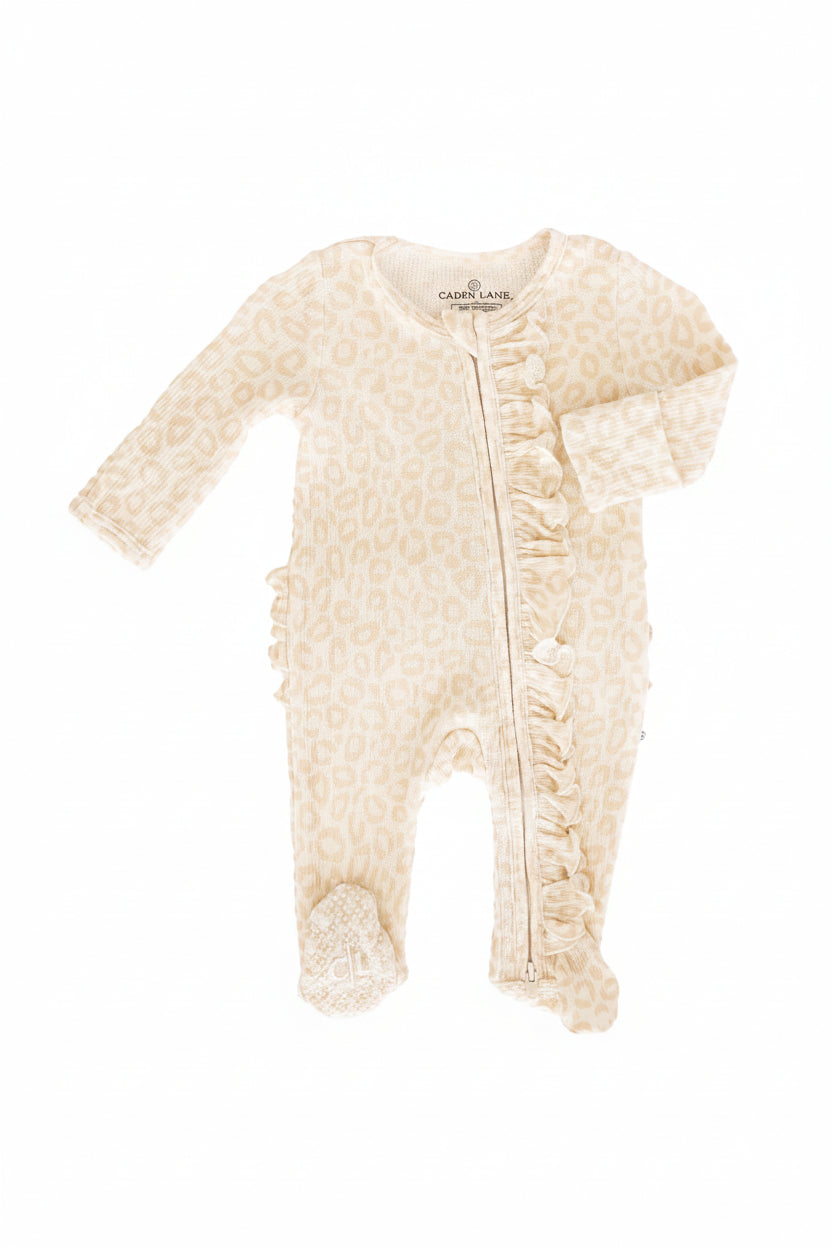 Bamboo Waffle Ruffle Zipper Footie | Lovely Leopard