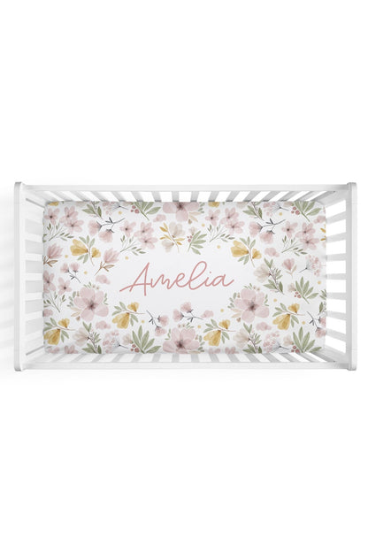 Maeve's Mauve & Mustard Floral Personalized Crib Sheet