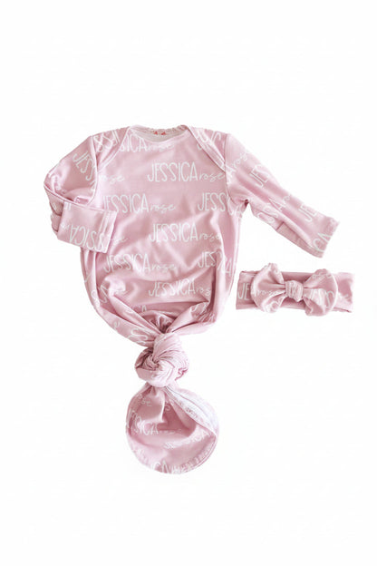 Personalized Font Duo Newborn Baby Knot Gown | Best Selling Pinks