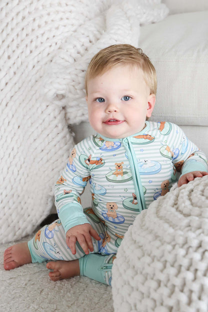 Convertible Bamboo Zip Romper | Poolside Pups Blue
