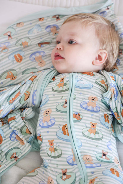 Convertible Bamboo Zip Romper | Poolside Pups Blue